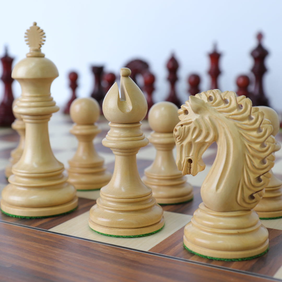 EZEKIEL | Red Budrose Chess Pieces | 110mm King | Santos Palisander &amp; Sycamore Board | 60mm Squares