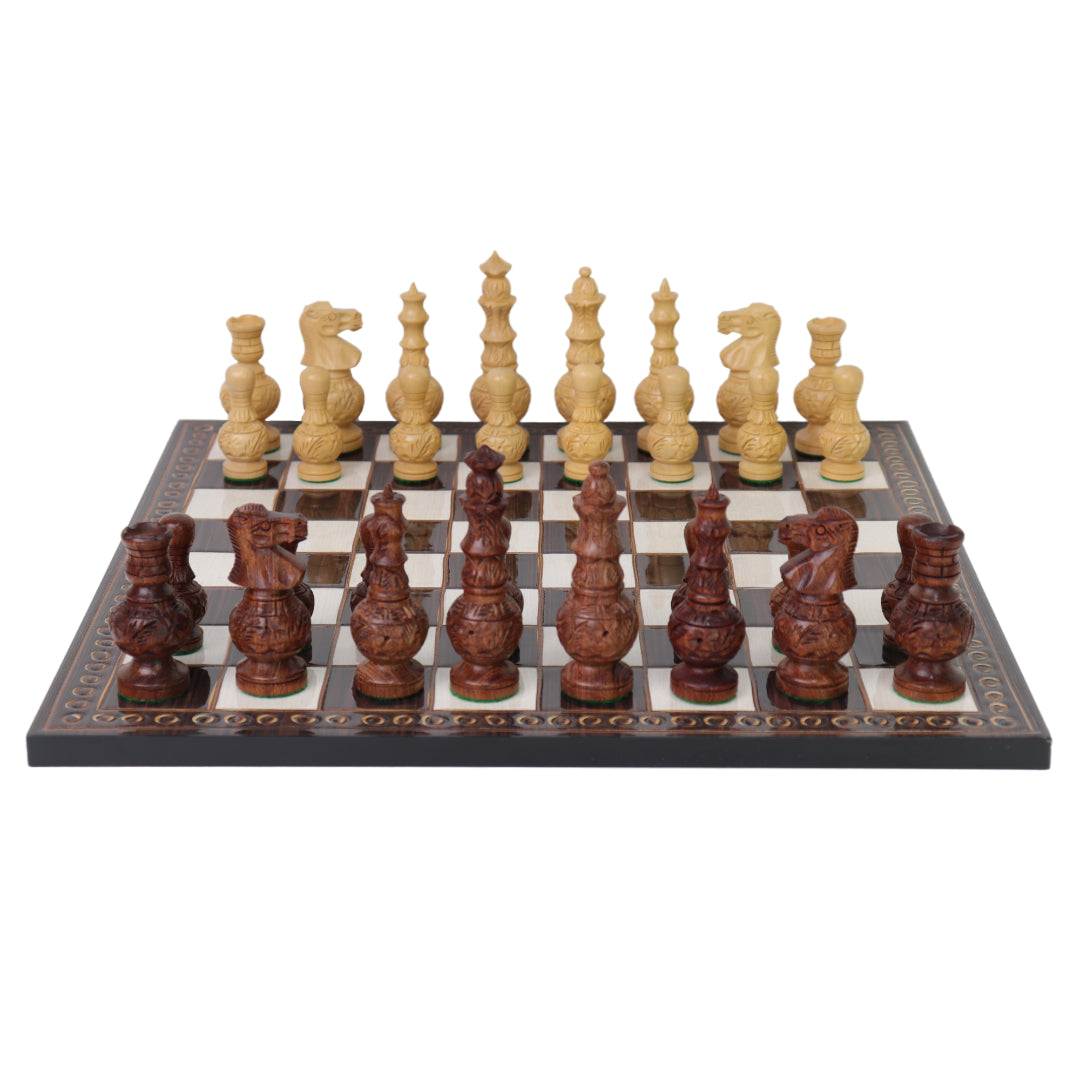 MUGHAL AFTAB | Acacia Chess Pieces | 100mm King | Carved Walnut Chess Board | 37mm Squares
