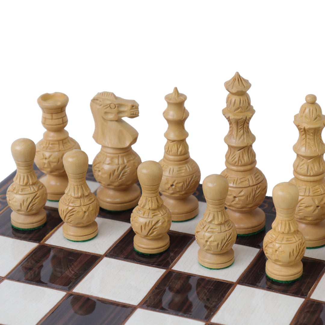 MUGHAL AFTAB | Acacia Chess Pieces | 100mm King | Carved Walnut Chess Board | 37mm Squares