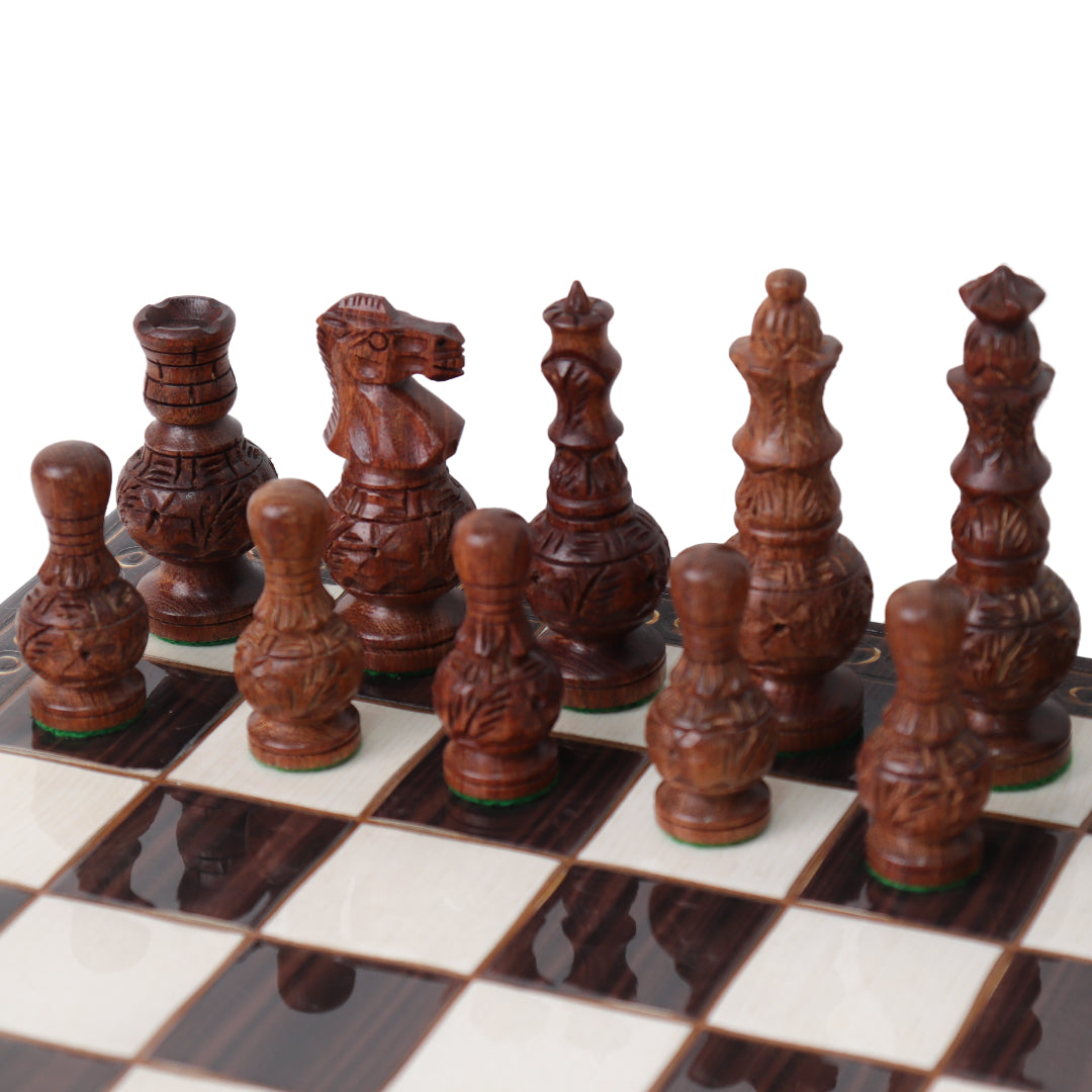 MUGHAL AFTAB | Acacia Chess Pieces | 100mm King | Carved Walnut Chess Board | 37mm Squares