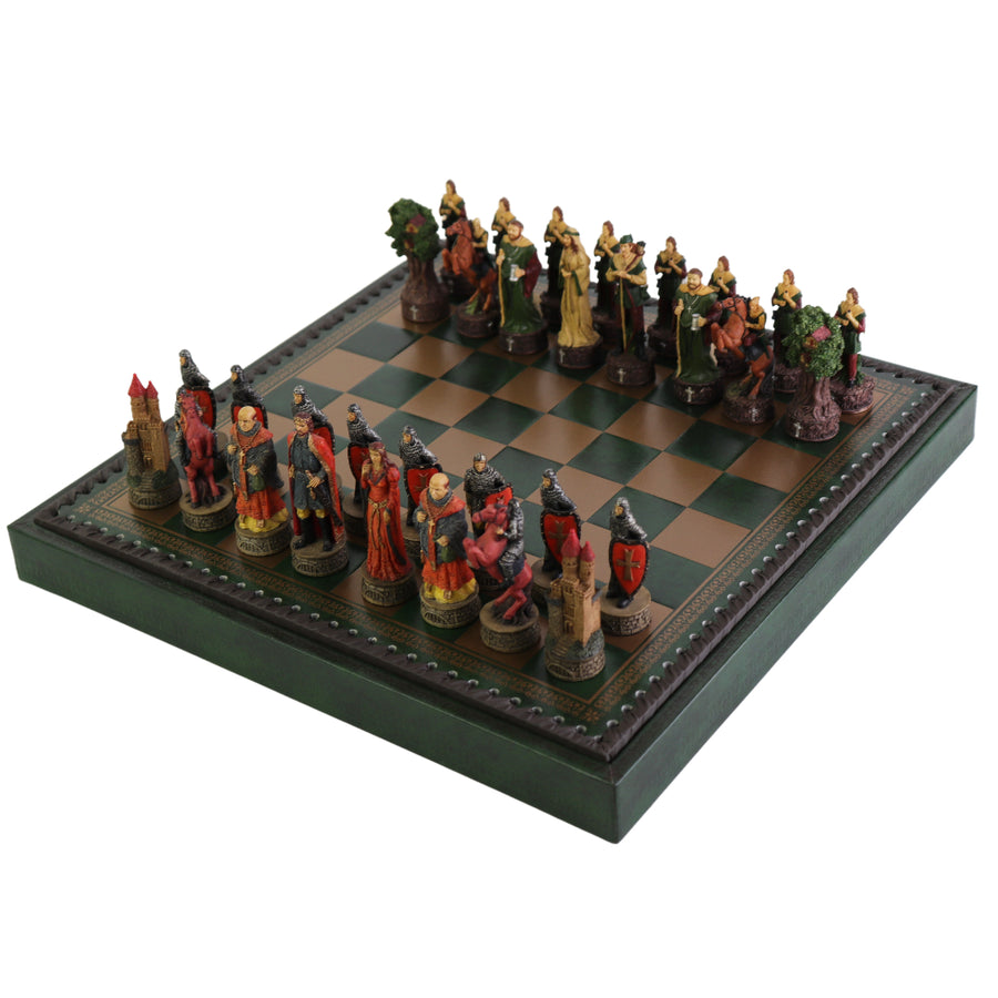ROBIN HOOD | Resin Chess Pieces | 80mm King | Green & Gold Ecoleather | 3-in-1 Box with Backgammon & Checkers | 35mm Squares
