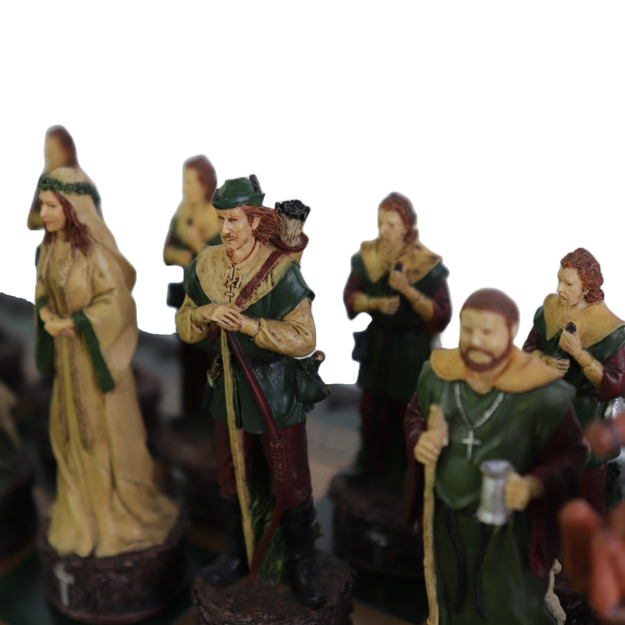 ROBIN HOOD | Resin Chess Pieces | 80mm King | Green & Gold Ecoleather | 3-in-1 Box with Backgammon & Checkers | 35mm Squares
