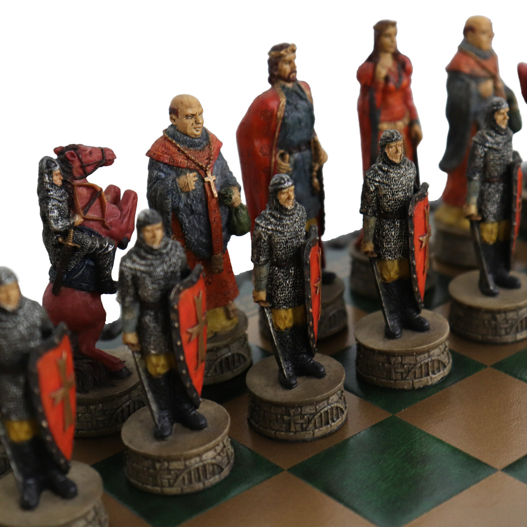 ROBIN HOOD | Resin Chess Pieces | 80mm King | Green &amp; Gold Ecoleather | 3-in-1 Box with Backgammon &amp; Checkers | 35mm Squares