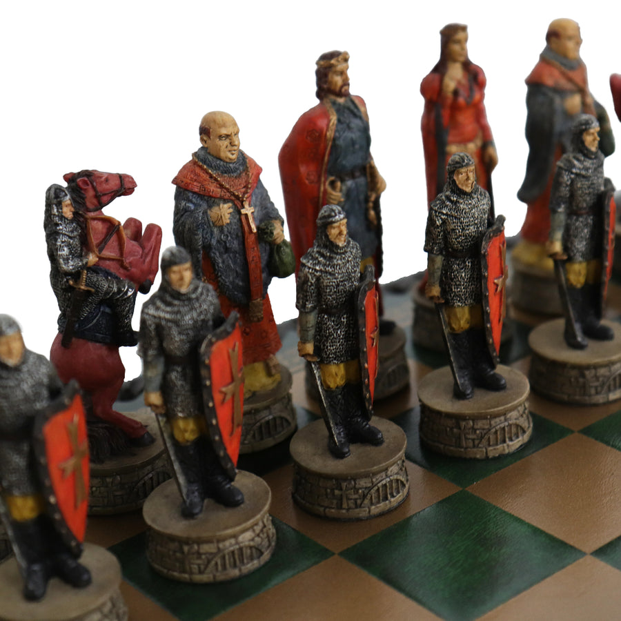 ROBIN HOOD | Resin Chess Pieces | 80mm King | Green & Gold Ecoleather | 3-in-1 Box with Backgammon & Checkers | 35mm Squares
