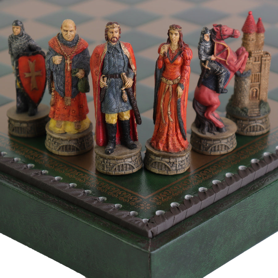 ROBIN HOOD | Resin Chess Pieces | 80mm King | Green & Gold Ecoleather | 3-in-1 Box with Backgammon & Checkers | 35mm Squares