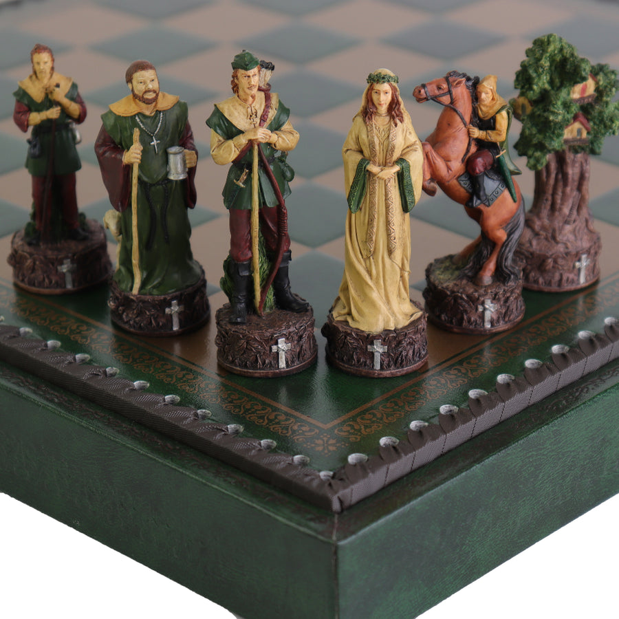 ROBIN HOOD | Resin Chess Pieces | 80mm King | Green & Gold Ecoleather | 3-in-1 Box with Backgammon & Checkers | 35mm Squares