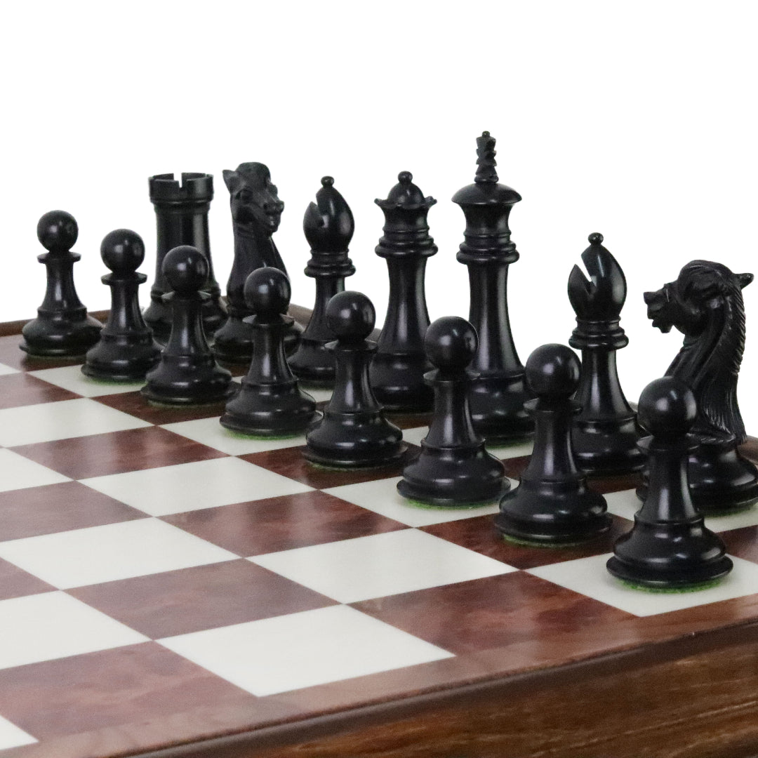 ROYAL KNIGHT | Ebony Chess Pieces | 105mm King Height | Tilia Chess Table with Backgammon | 62mm Squares