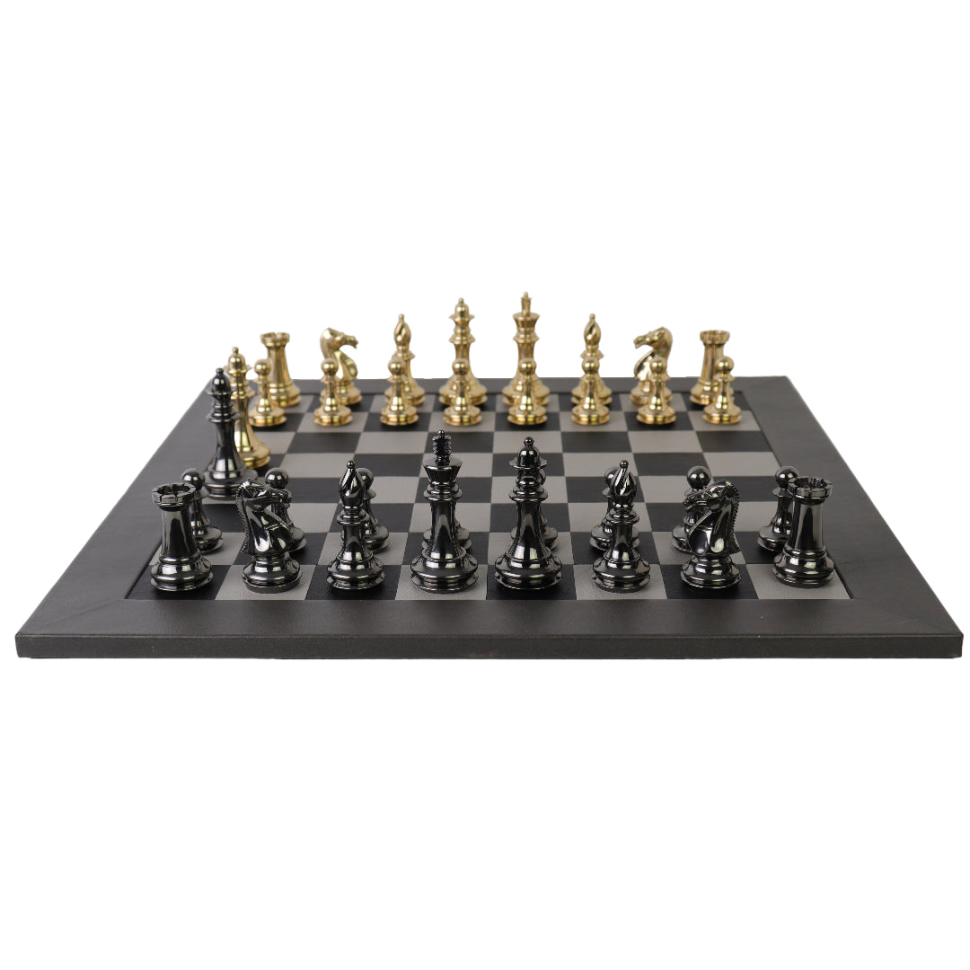 STAUNTON | Solid Brass | Black &amp; Gold | 105mm King | Leather Board | Black &amp; Light Grey | 55mm Squares