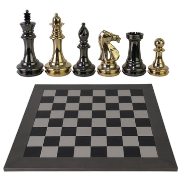 STAUNTON | Solid Brass | Black & Gold | 105mm King | Leather Board | Black & Light Grey | 55mm Squares