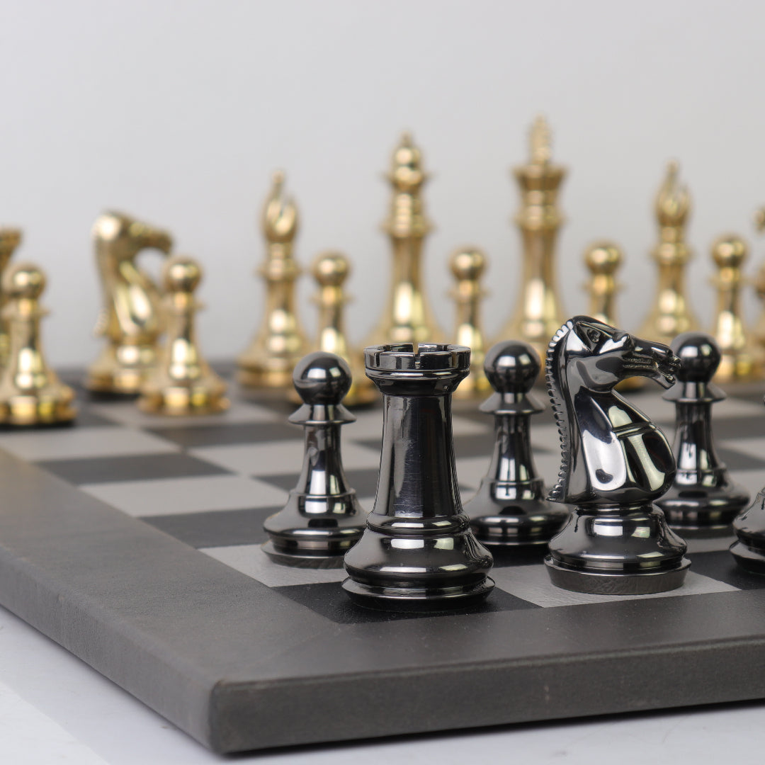 STAUNTON | Solid Brass | Black &amp; Gold | 105mm King | Leather Board | Black &amp; Light Grey | 55mm Squares