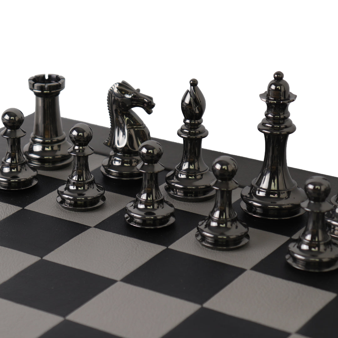STAUNTON | Solid Brass | Black &amp; Gold | 105mm King | Leather Board | Black &amp; Light Grey | 55mm Squares