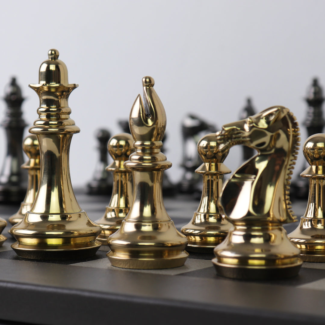 STAUNTON | Solid Brass | Black &amp; Gold | 105mm King | Leather Board | Black &amp; Light Grey | 55mm Squares