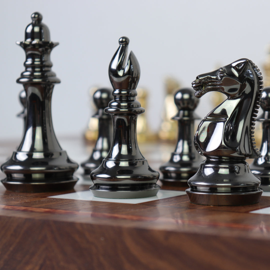 STAUNTON | Solid Brass | Black &amp; Gold | 105mm King | Solid Kiaat &amp; Resin Chess Board | 55mm