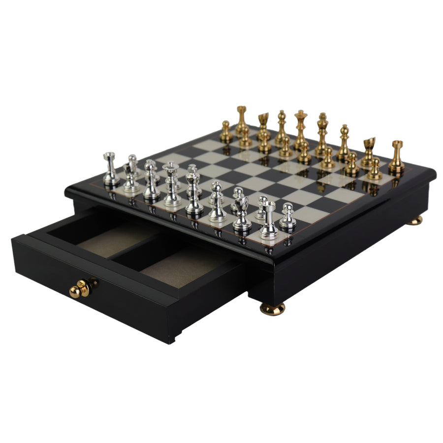 STAUNTON | Solid Brass Chess Pieces | Gold & Silver | 55mm King | Black Erable Chessboard | Drawer & Pedestals | 35mm Squares