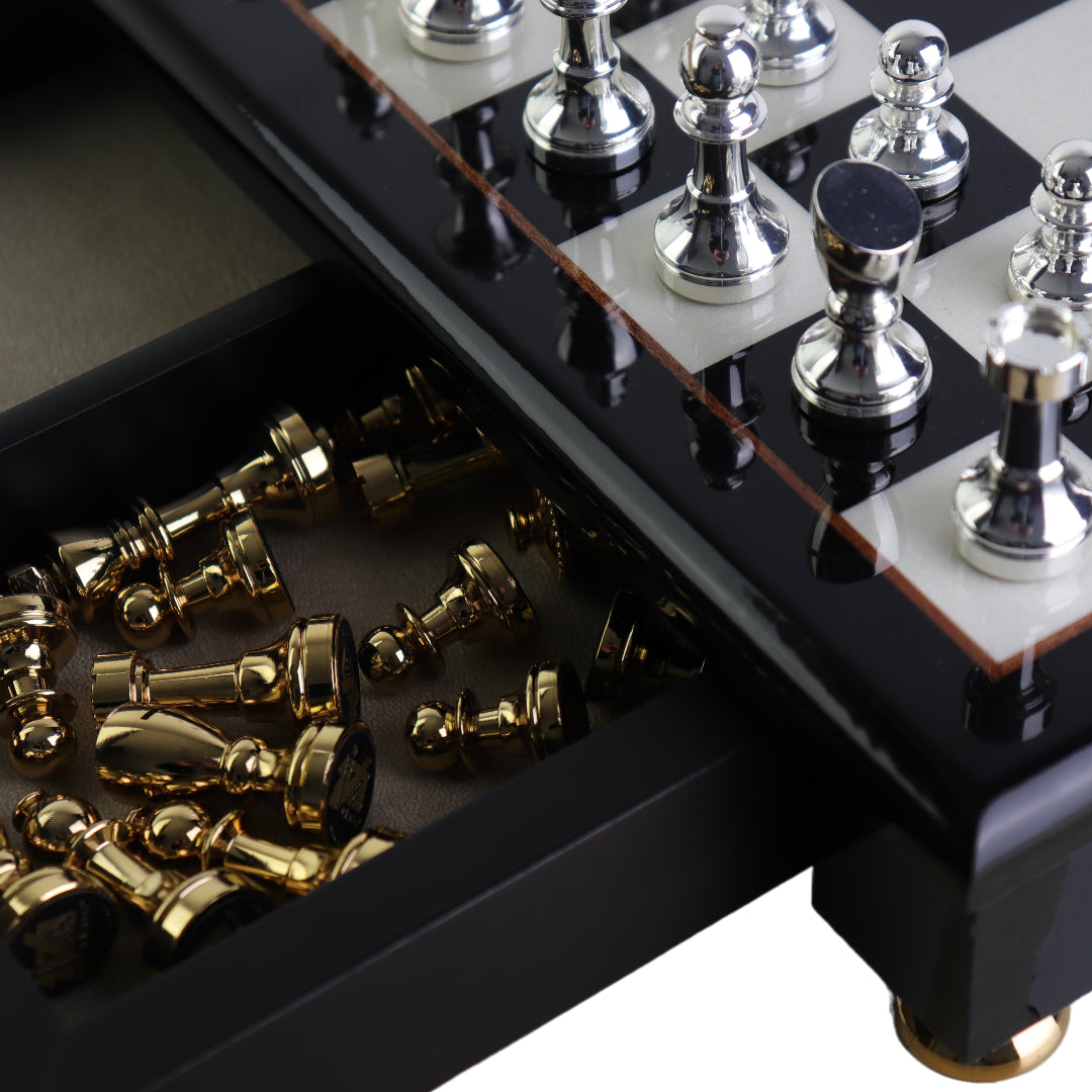 STAUNTON | Solid Brass Chess Pieces | Gold &amp; Silver | 55mm King | Black Erable Chessboard | Drawer &amp; Pedestals | 35mm Squares