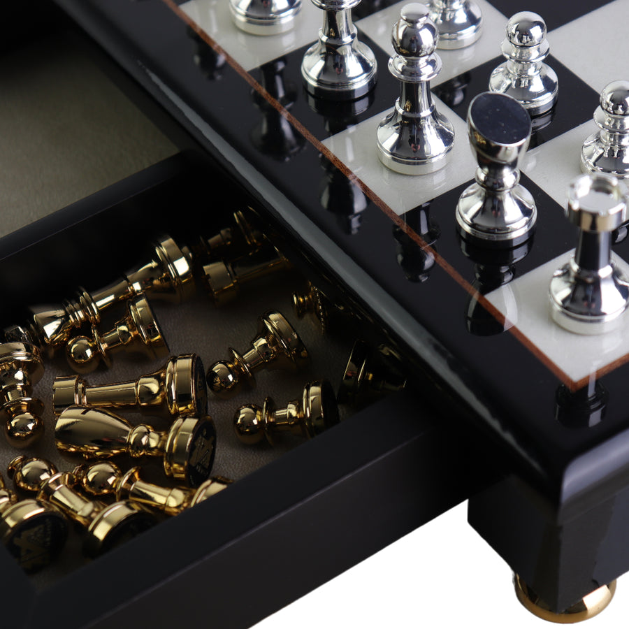 STAUNTON | Solid Brass Chess Pieces | Gold & Silver | 55mm King | Black Erable Chessboard | Drawer & Pedestals | 35mm Squares