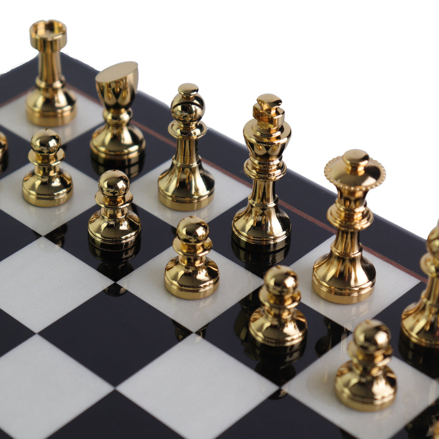 STAUNTON | Solid Brass Chess Pieces | Gold & Silver | 55mm King | Black Erable Chessboard | Drawer & Pedestals | 35mm Squares