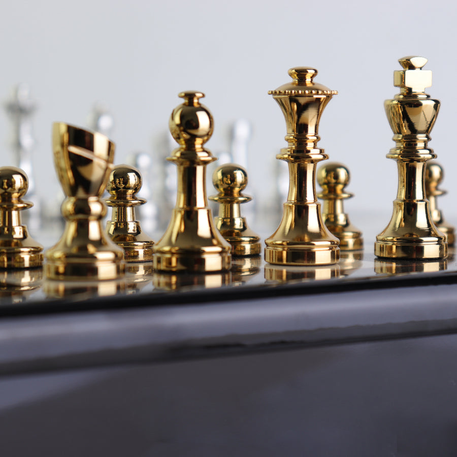 STAUNTON | Solid Brass Chess Pieces | Gold & Silver | 55mm King | Black Erable Chessboard | Drawer & Pedestals | 35mm Squares