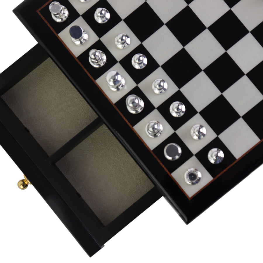 STAUNTON | Solid Brass Chess Pieces | Gold & Silver | 55mm King | Black Erable Chessboard | Drawer & Pedestals | 35mm Squares