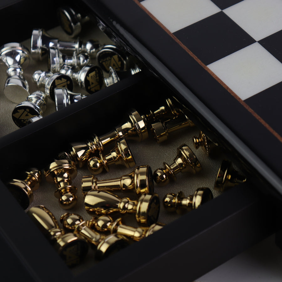 STAUNTON | Solid Brass Chess Pieces | Gold & Silver | 55mm King | Black Erable Chessboard | Drawer & Pedestals | 35mm Squares