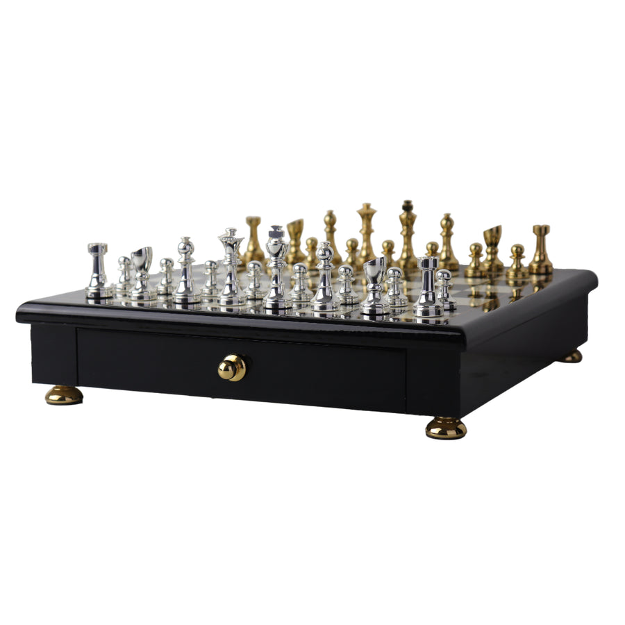 STAUNTON | Solid Brass Chess Pieces | Gold & Silver | 55mm King | Black Erable Chessboard | Drawer & Pedestals | 35mm Squares