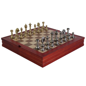 STAUNTON | Solid Brass | Gold & Silver | 70mm King | Walnut and Maple Board | Storage Box | 37mm Squares