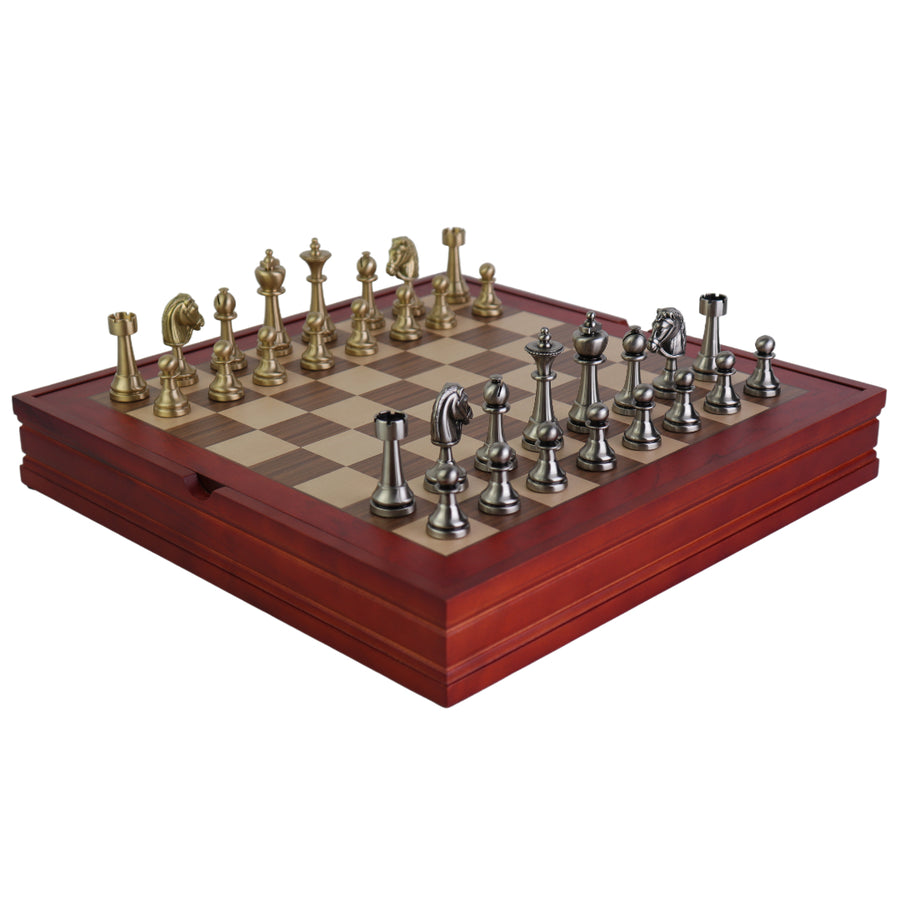 STAUNTON | Solid Brass | Gold & Silver | 70mm King | Walnut and Maple Board | Storage Box | 37mm Squares