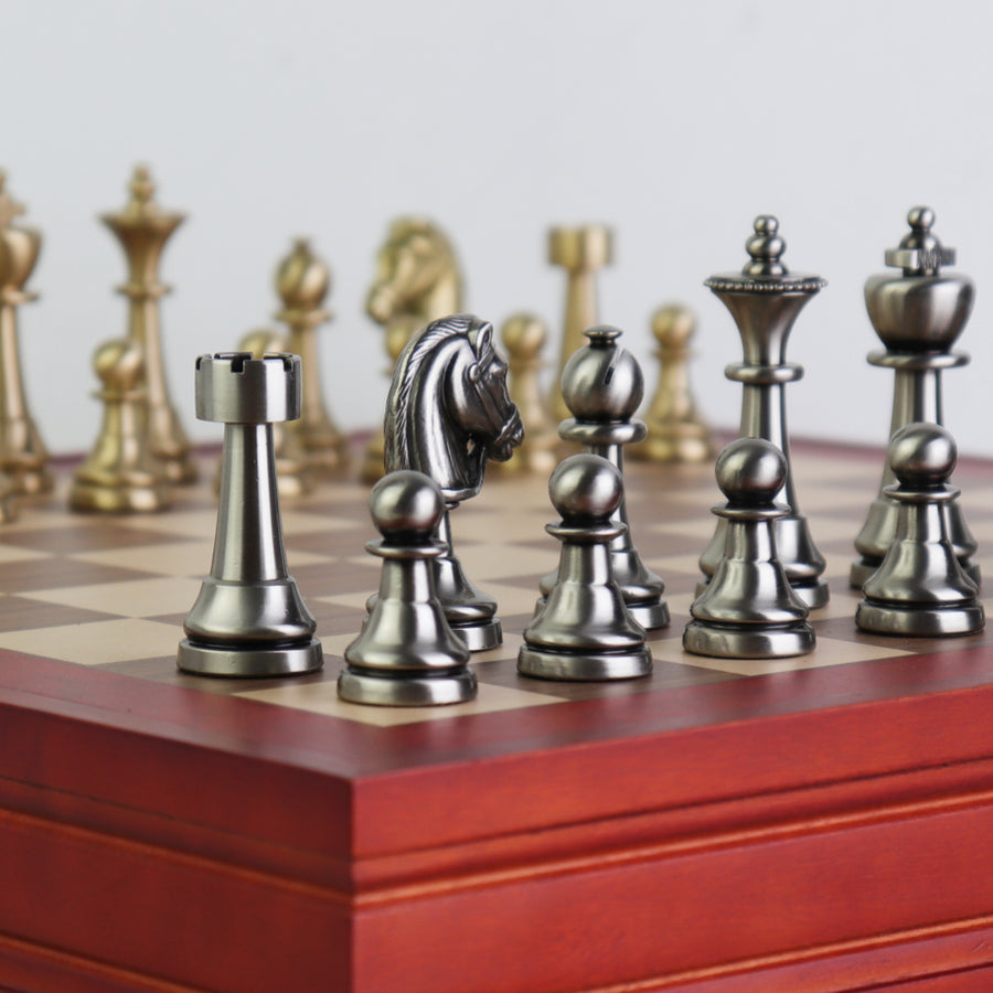 STAUNTON | Solid Brass | Gold & Silver | 70mm King | Walnut and Maple Board | Storage Box | 37mm Squares
