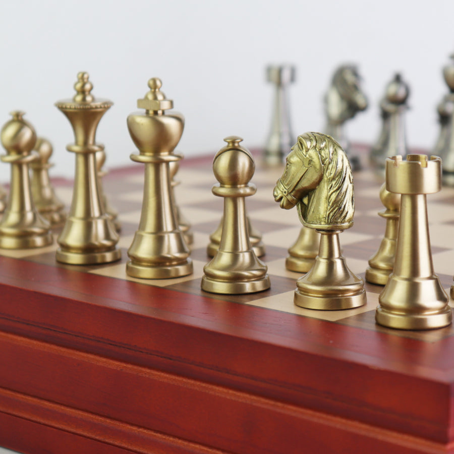 STAUNTON | Solid Brass | Gold & Silver | 70mm King | Walnut and Maple Board | Storage Box | 37mm Squares