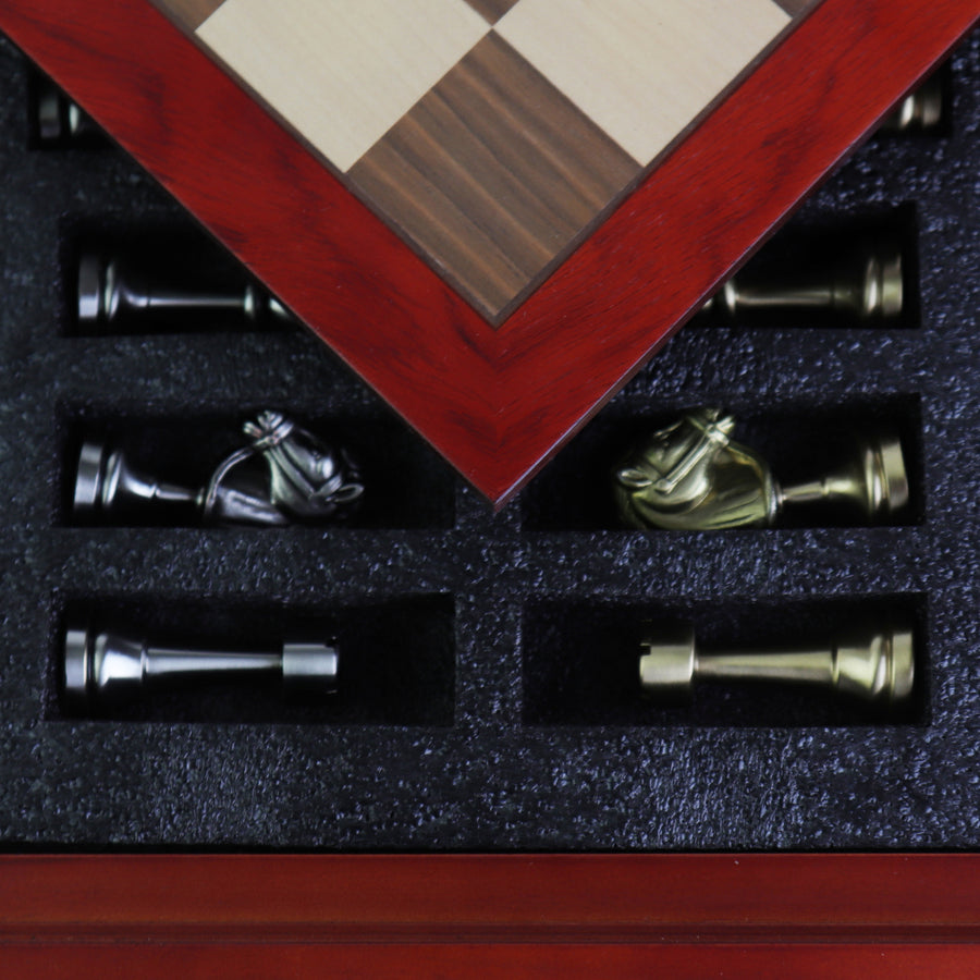 STAUNTON | Solid Brass | Gold & Silver | 70mm King | Walnut and Maple Board | Storage Box | 37mm Squares