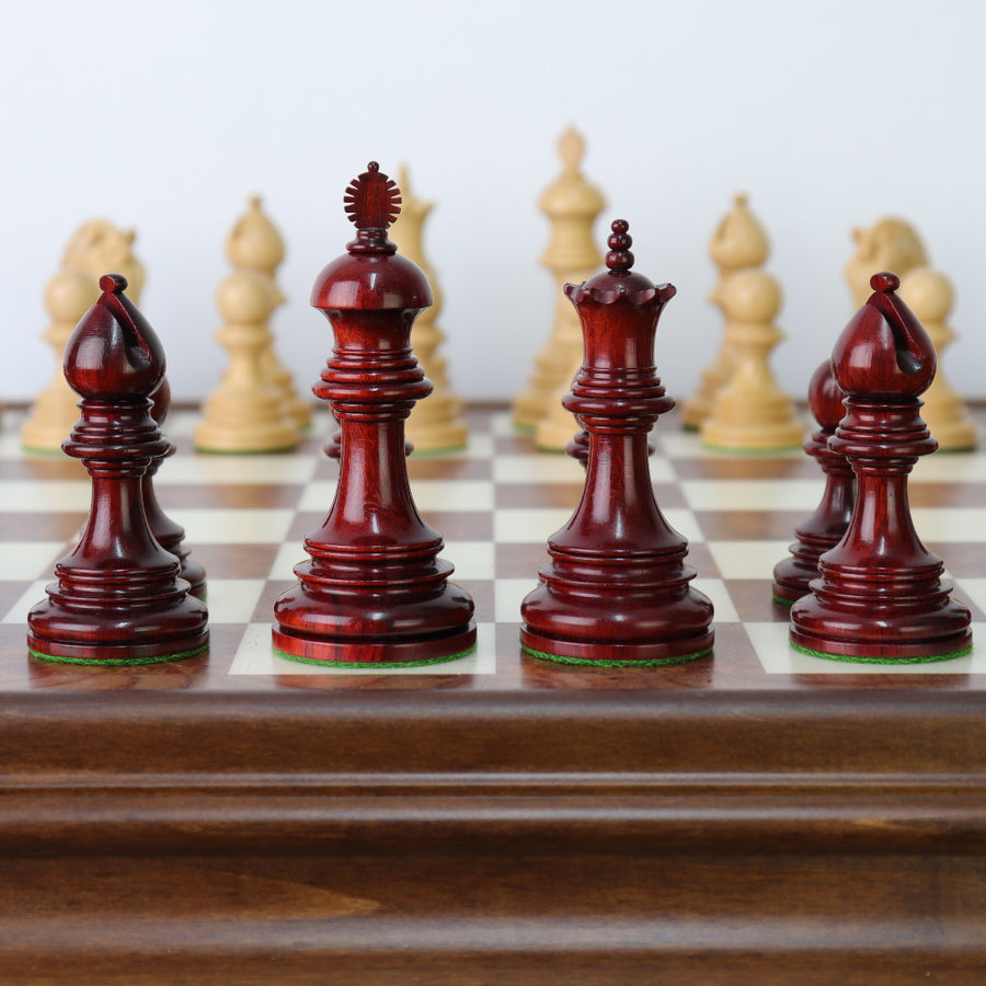 EZEKIEL | Red Bud Rose Chess Pieces | 110mm King | Tilia Chess Table with Backgammon | 62mm Squares