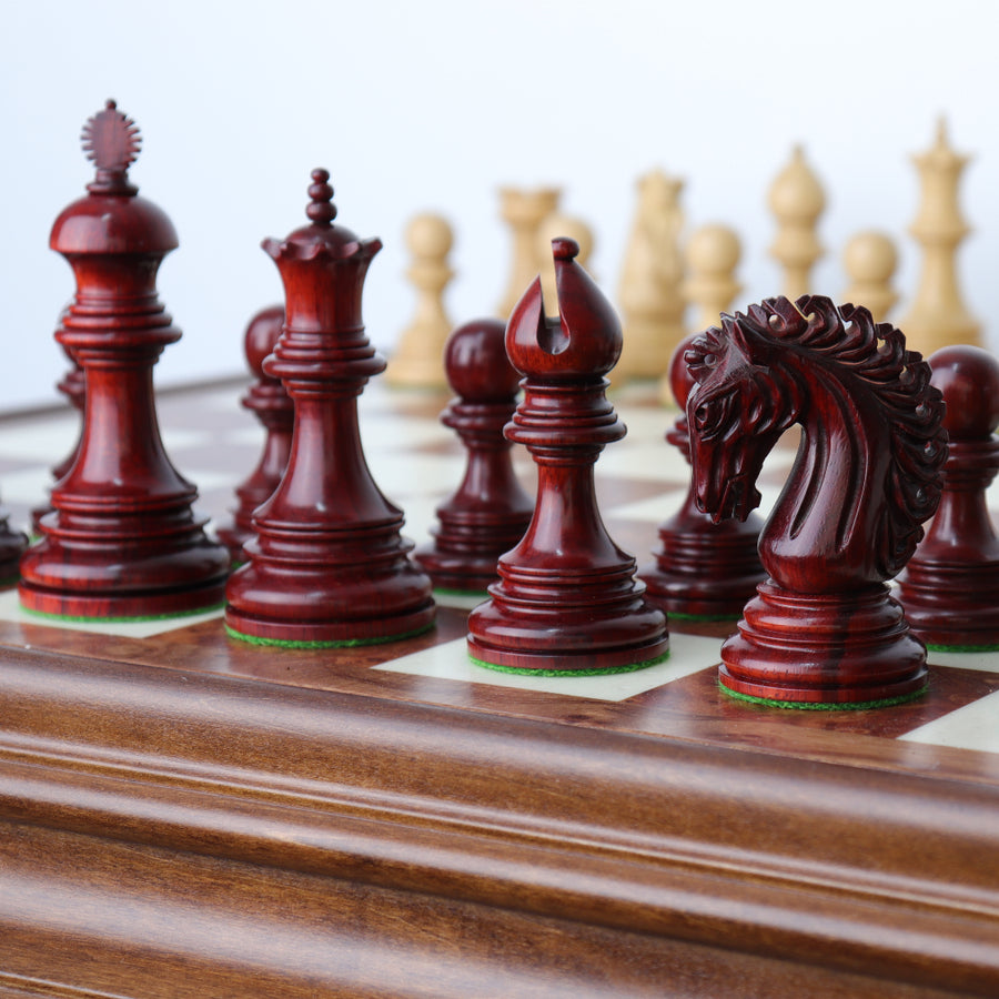 EZEKIEL | Red Bud Rose Chess Pieces | 110mm King | Tilia Chess Table with Backgammon | 62mm Squares