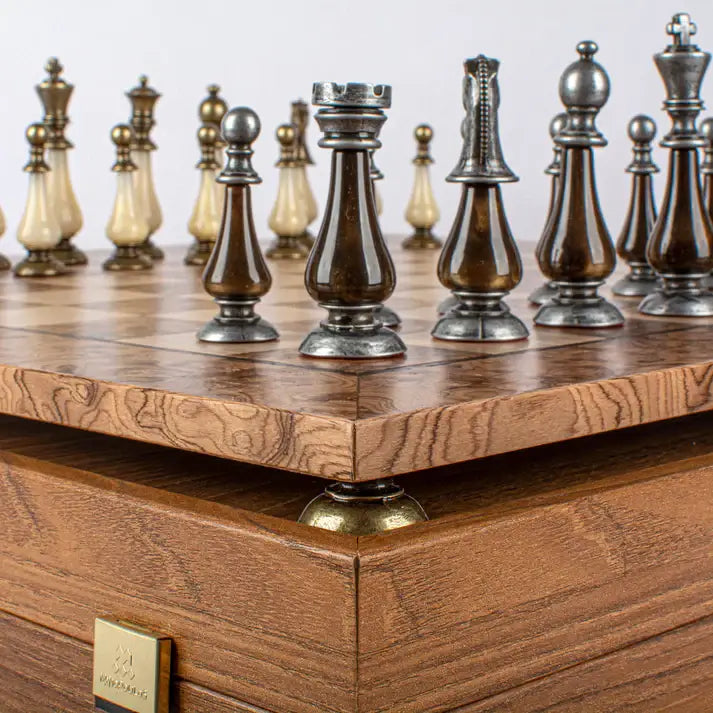 Complete set in walnut box | Brass & Pewter Metal Pieces | Walnut Burl Chess Board