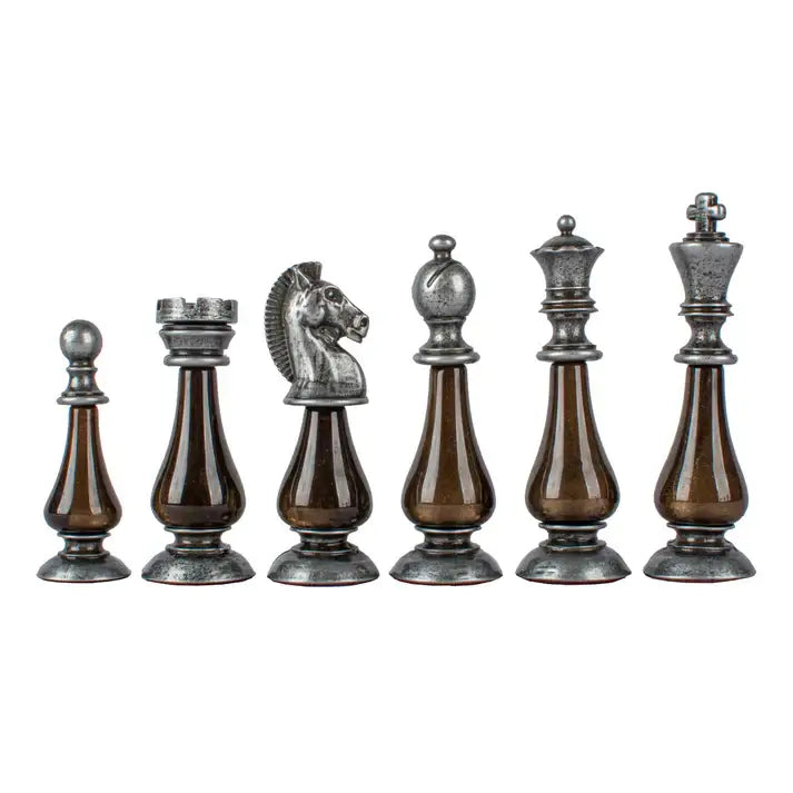 Complete set in walnut box | Brass & Pewter Metal Pieces | Walnut Burl Chess Board