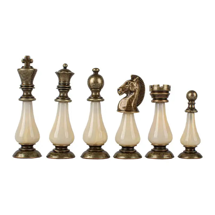 Complete set in walnut box | Brass & Pewter Metal Pieces | Walnut Burl Chess Board