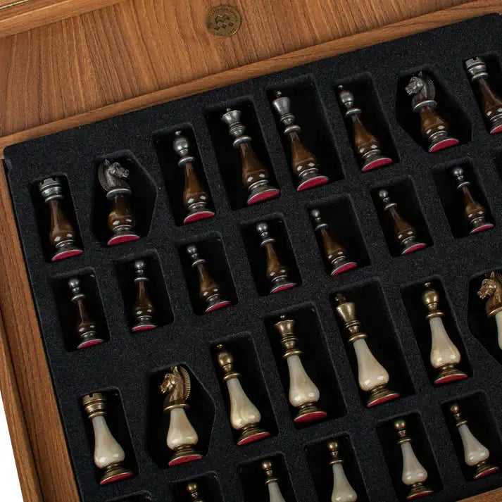 Complete set in walnut box | Brass & Pewter Metal Pieces | Walnut Burl Chess Board