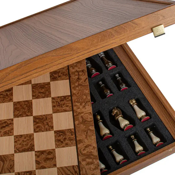 Complete set in walnut box | Brass & Pewter Metal Pieces | Walnut Burl Chess Board