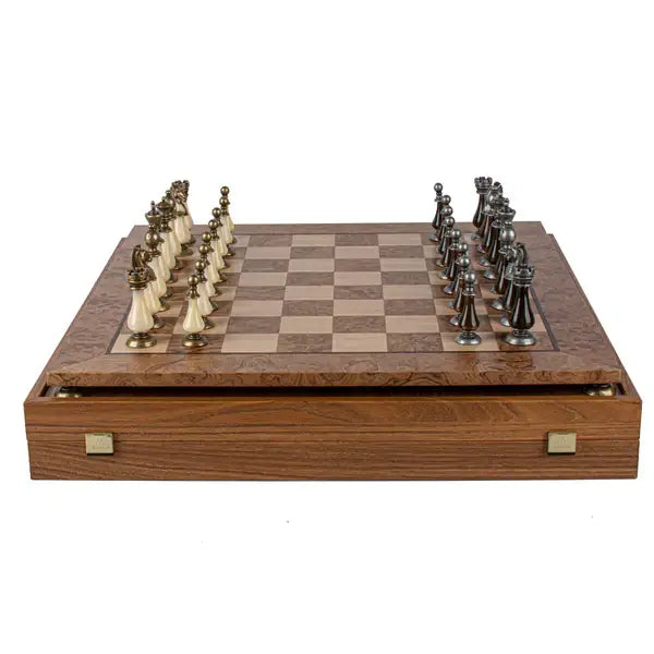 Complete set in walnut box | Brass & Pewter Metal Pieces | Walnut Burl Chess Board