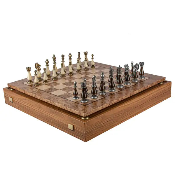 Complete set in walnut box | Brass & Pewter Metal Pieces | Walnut Burl Chess Board