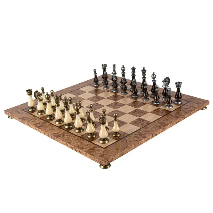 Complete set in walnut box | Brass & Pewter Metal Pieces | Walnut Burl Chess Board