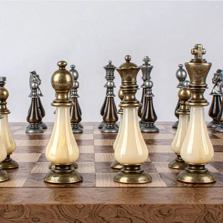 Complete set in walnut box | Brass & Pewter Metal Pieces | Walnut Burl Chess Board