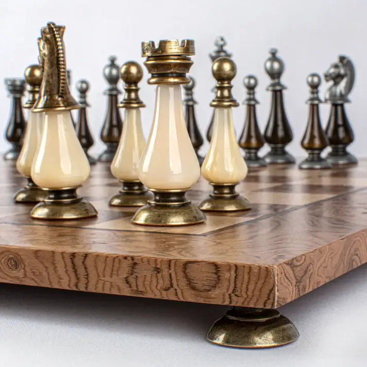 Complete set in walnut box | Brass & Pewter Metal Pieces | Walnut Burl Chess Board