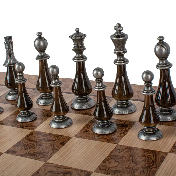 Complete set in walnut box | Brass & Pewter Metal Pieces | Walnut Burl Chess Board