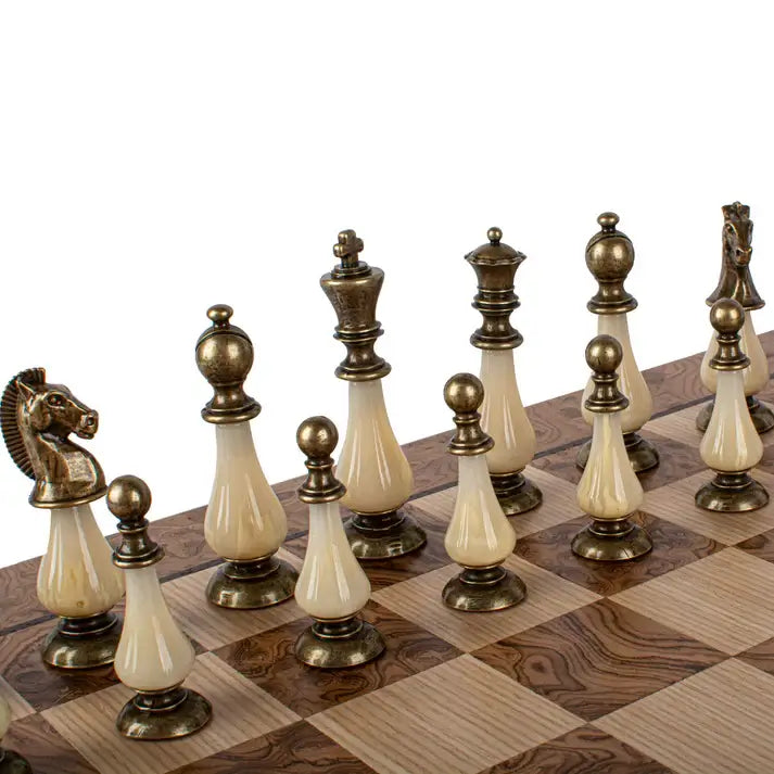 Complete set in walnut box | Brass & Pewter Metal Pieces | Walnut Burl Chess Board