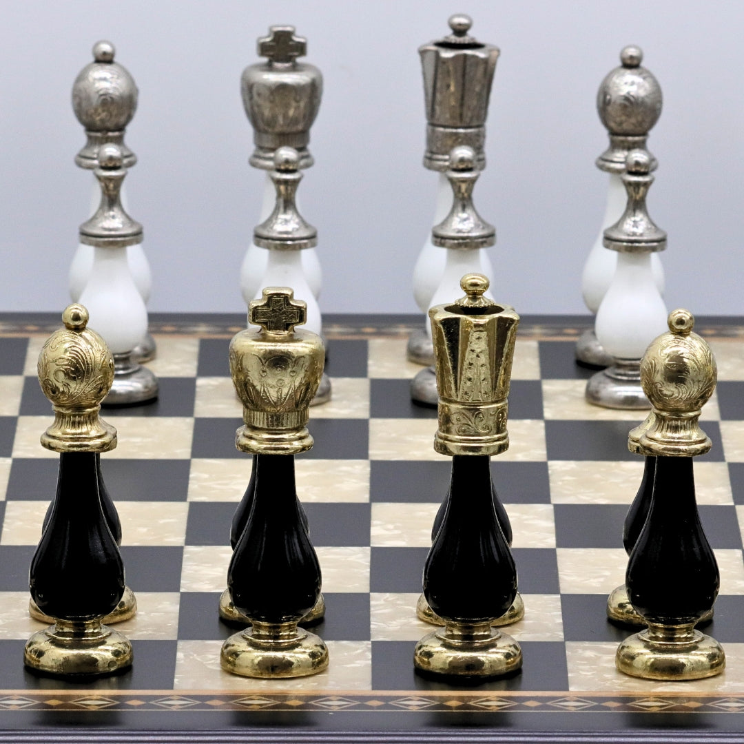 ARABESQUE Chess Set with Black &amp; Mother of Pearl Beech Board | 50mm