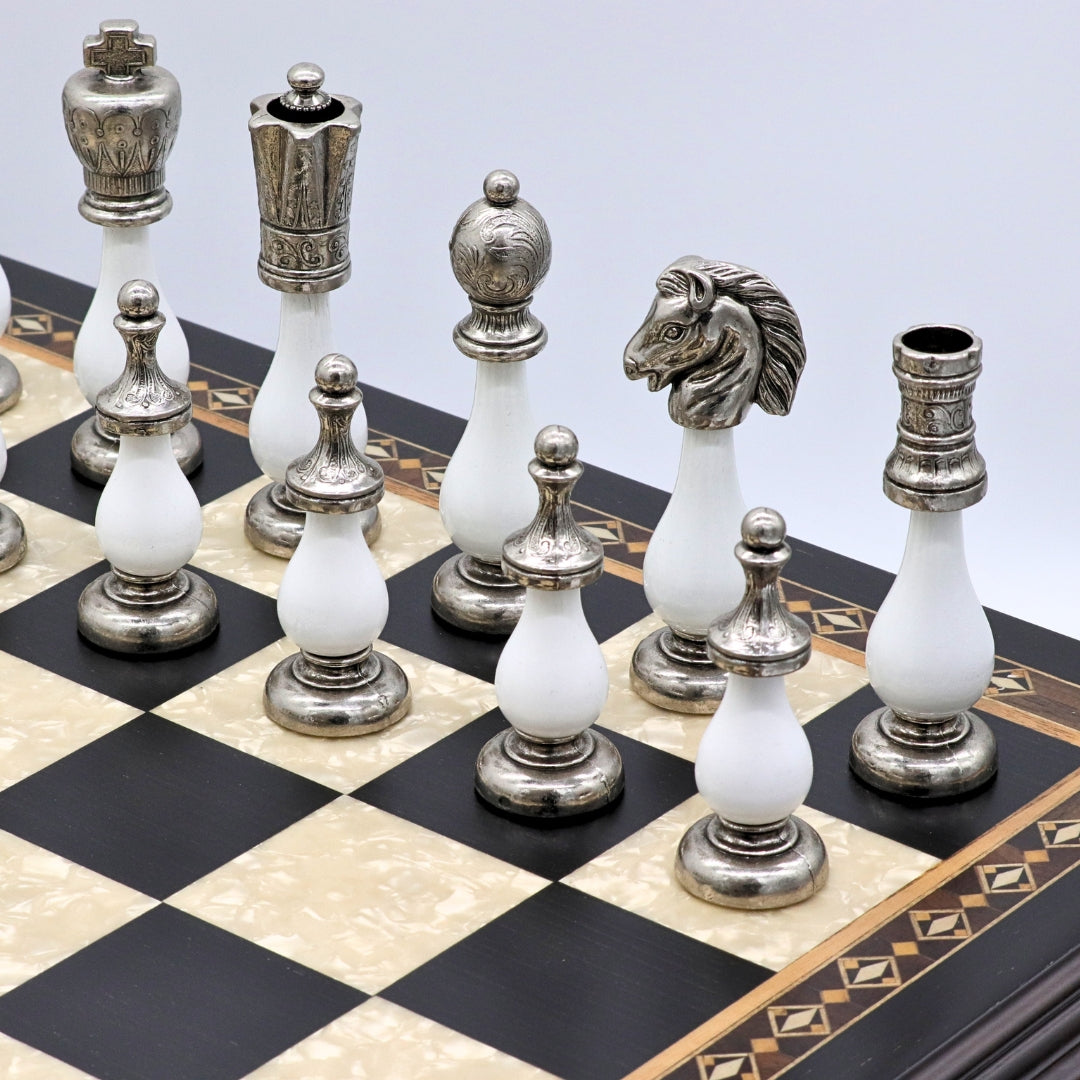 ARABESQUE Chess Set with Black &amp; Mother of Pearl Beech Board | 50mm