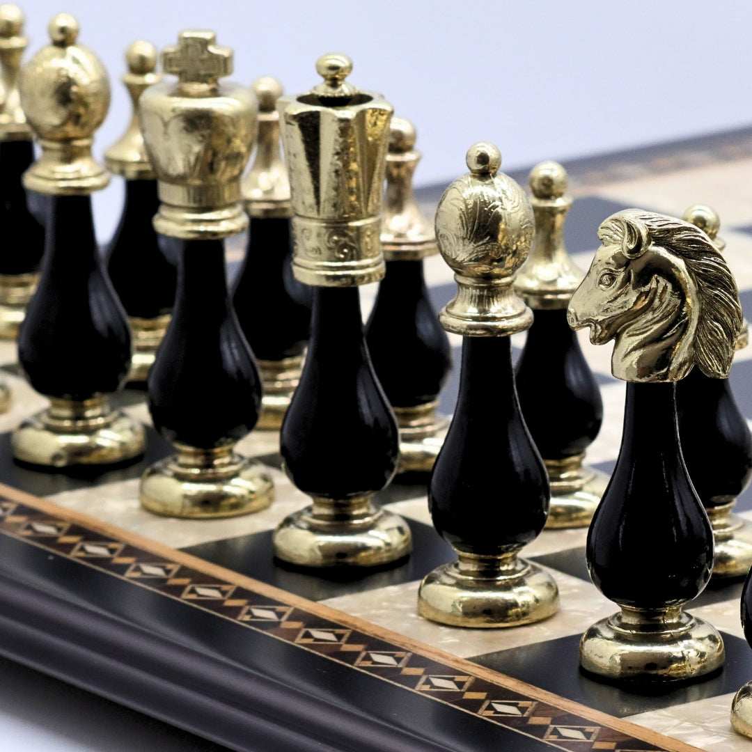 ARABESQUE Chess Set with Black &amp; Mother of Pearl Beech Board | 50mm