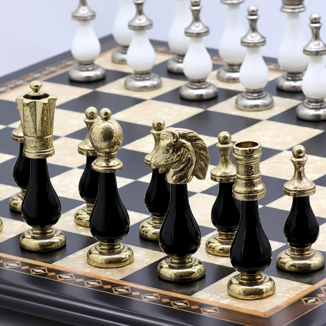 ARABESQUE Chess Set with Black &amp; Mother of Pearl Beech Board | 50mm