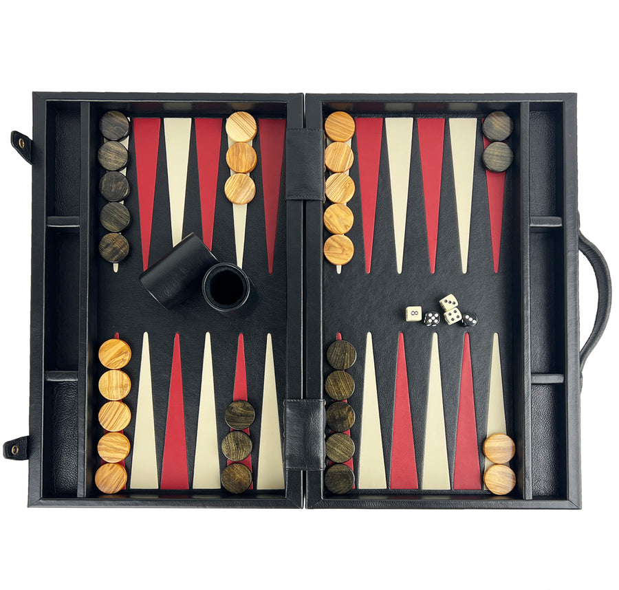Black Leather Backgammon  in Case with side racks | 48cm