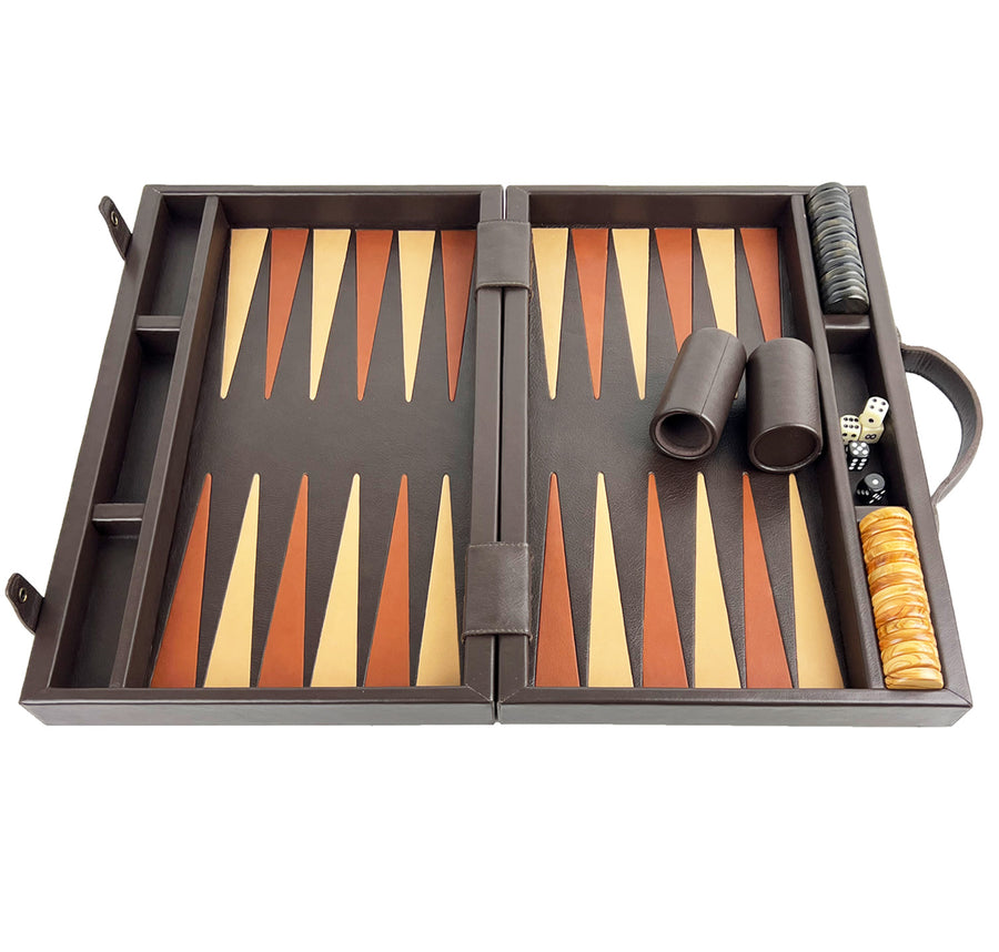 Brown Leather Backgammon in Case with side racks | 48cm
